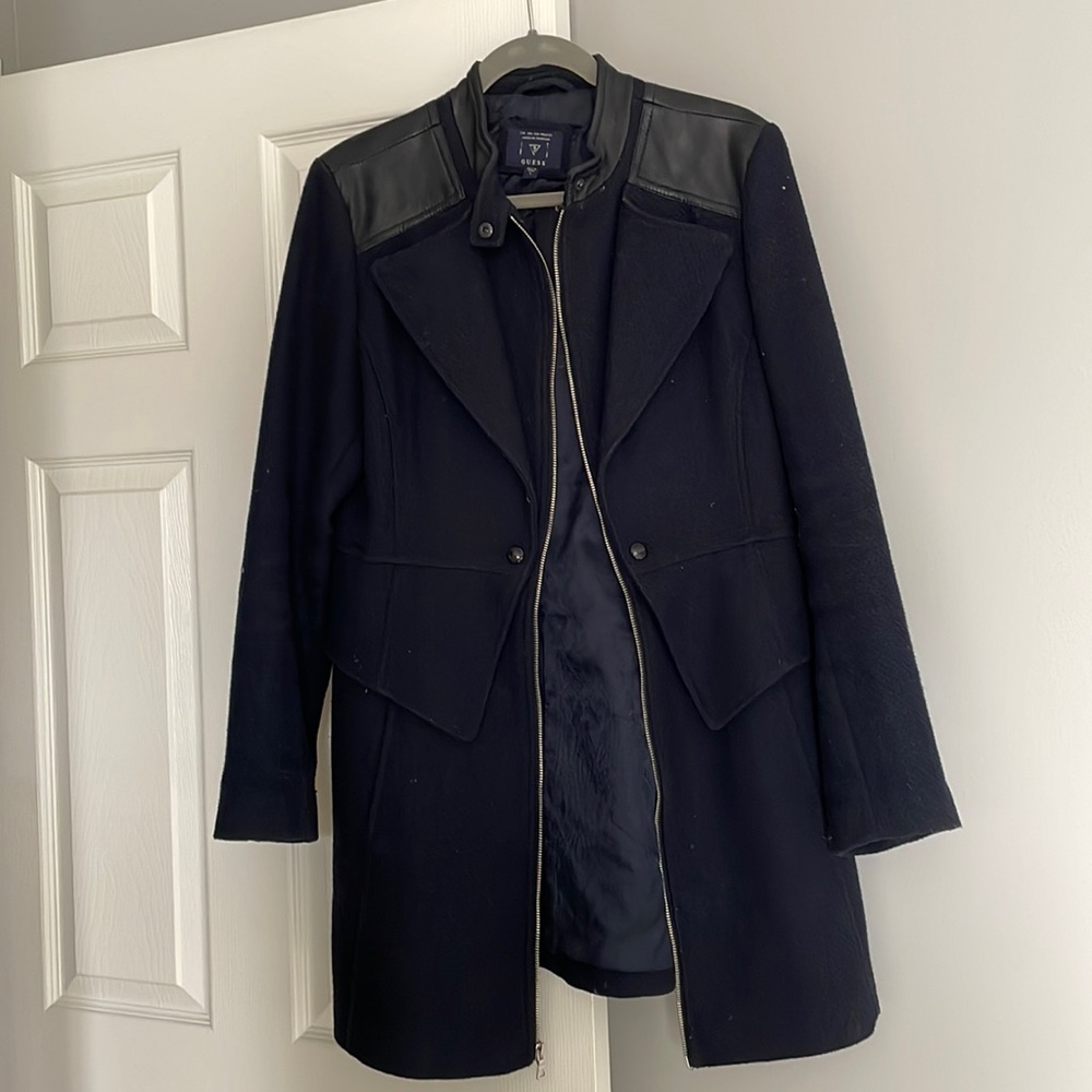 Guess Peplum Coat Navy with Leather Trim size L